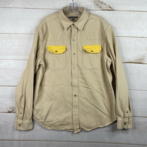 Calvin Klein Jeans Mens Western Shirt Sz L Beige Yellow Snap Long Sleeve Denim - Picture 1 of 14